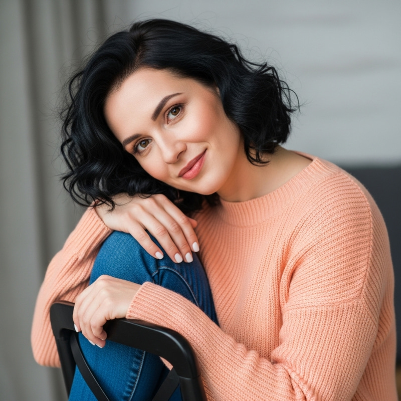 Female with Light Peach Skin and Brown Eyes Sitting on Chair Female with Light Peach Skin and Brown Eyes Sitting on Chair