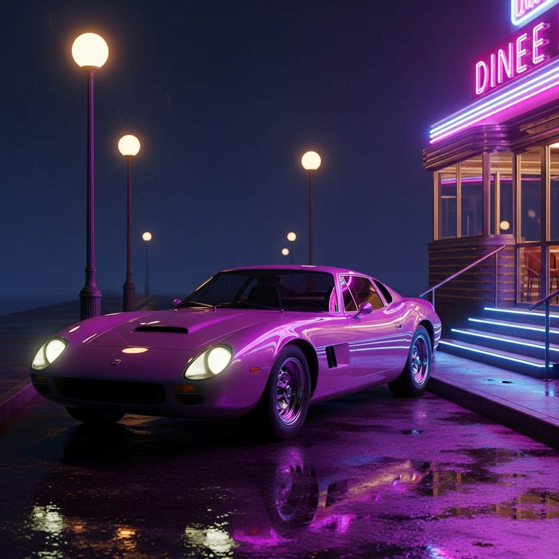 Neon Retro Sports Car in Urban Setting at Night | Vintage Car Image Neon Retro Sports Car in Urban Setting at Night | Vintage Car Image