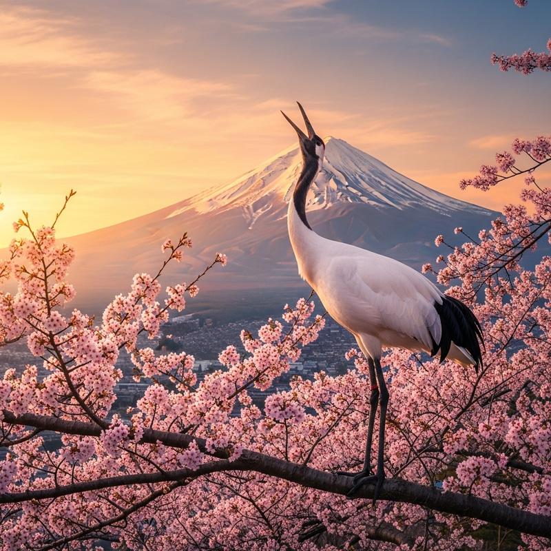 Serenity of the Crane: Cherry Blossom Japanese Landscape Serenity of the Crane: Cherry Blossom Japanese Landscape