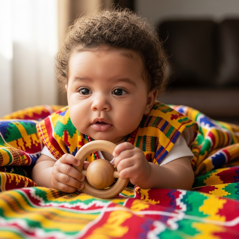 Cute African Cameroonian Baby with Traditional Wooden Rattle Cute African Cameroonian Baby with Traditional Wooden Rattle