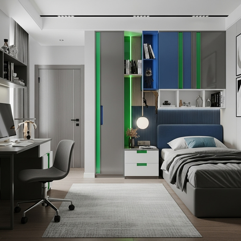 Modern Dormitory Interior in Graphite Gray with Metallic Blue and Electric Green Accents Modern Dormitory Interior in Graphite Gray with Metallic Blue and Electric Green Accents