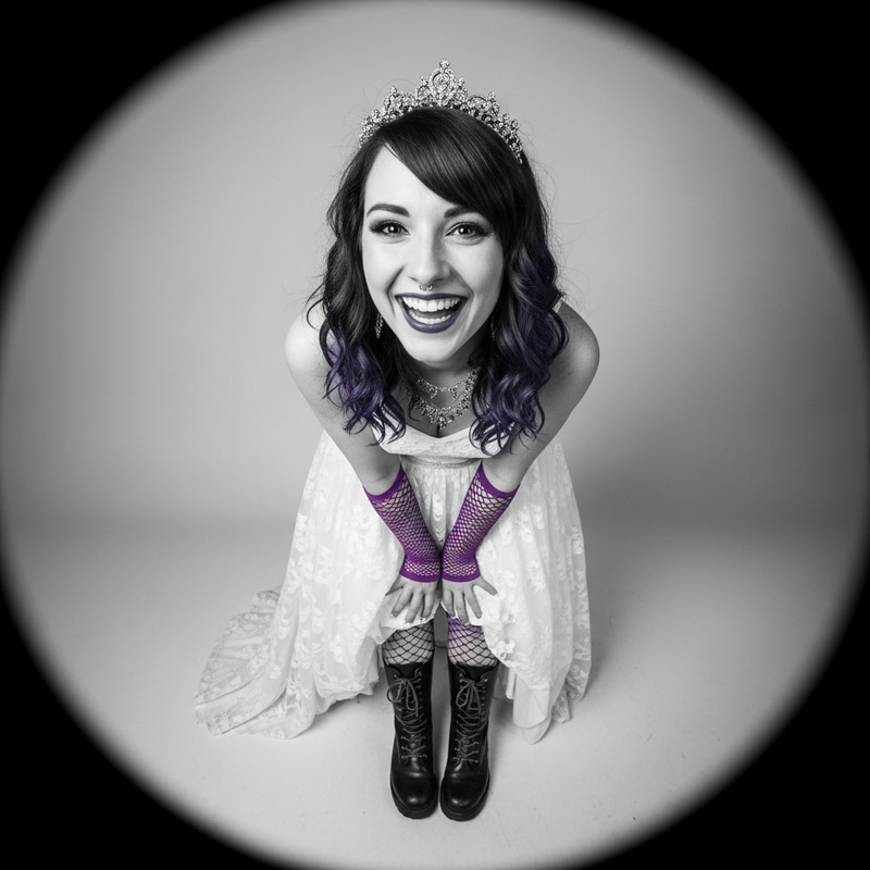 Unique Black and White Portrait of a Joyous Geek Woman