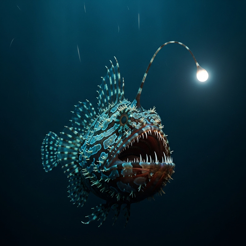 Angler Fish with Wide Open Jaw in Deep Sea Scene Angler Fish with Wide Open Jaw in Deep Sea Scene