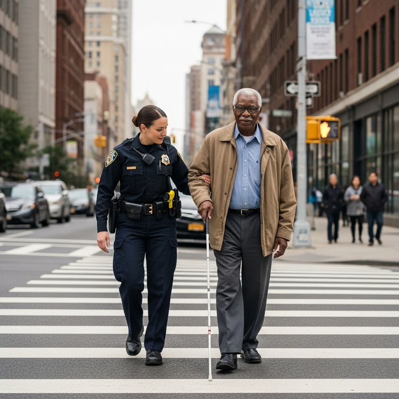 Police Officer Guides Blind Man Safely Across Street