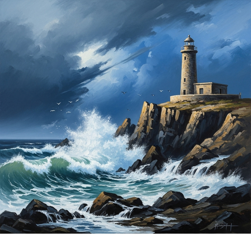 Dramatic Lighthouse Oil Painting on Rugged Cliff Dramatic Lighthouse Oil Painting on Rugged Cliff