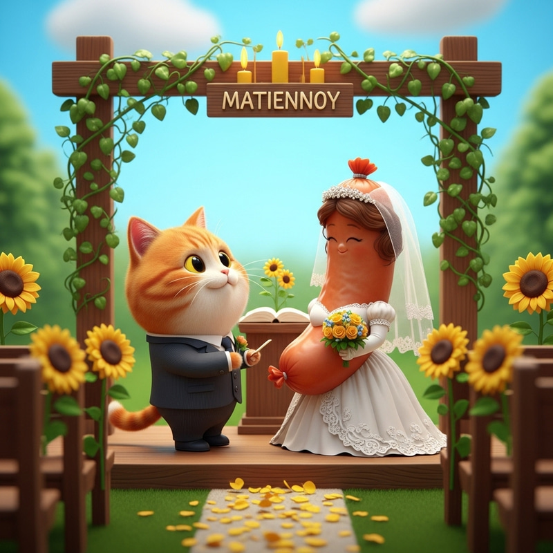 Red-Haired Fat Cat Marrying a Sausage: Unique Wedding Scene Red-Haired Fat Cat Marrying a Sausage: Unique Wedding Scene