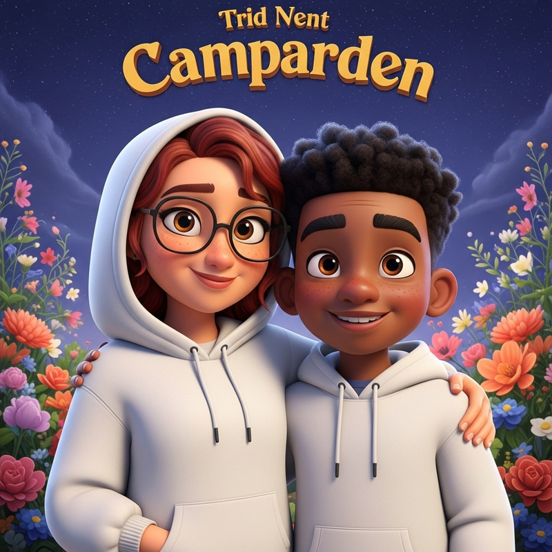 Whimsical Pixar-style Poster Featuring Diverse Characters Embracing in Colorful Night Scene