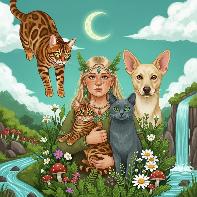 Enchanting Scene with Bengal Cats, Shaman Woman, and Nature's Beauty