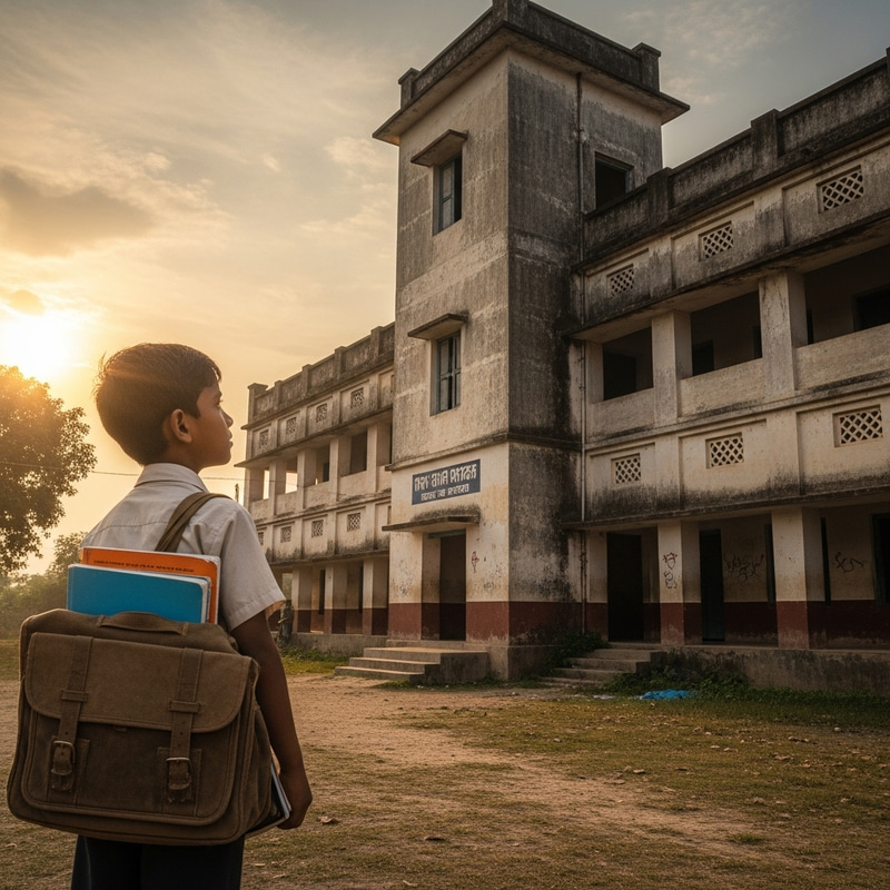 Hopeful Boy Gazes at School