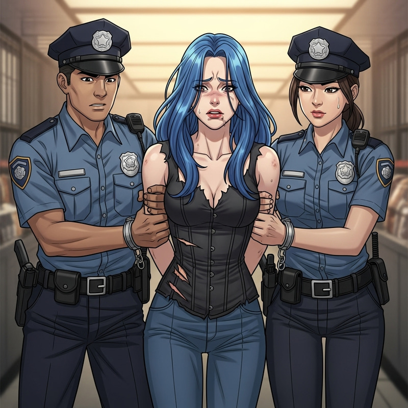 Blue Haired Woman in Distress - Arrested - Manhwa Style Art Blue Haired Woman in Distress - Arrested - Manhwa Style Art