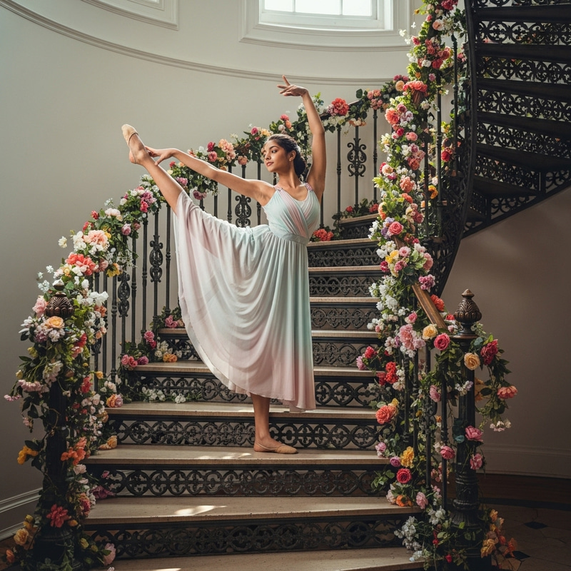 South Asian Gymnast in Pastel Dress on Vintage Floral Staircase South Asian Gymnast in Pastel Dress on Vintage Floral Staircase