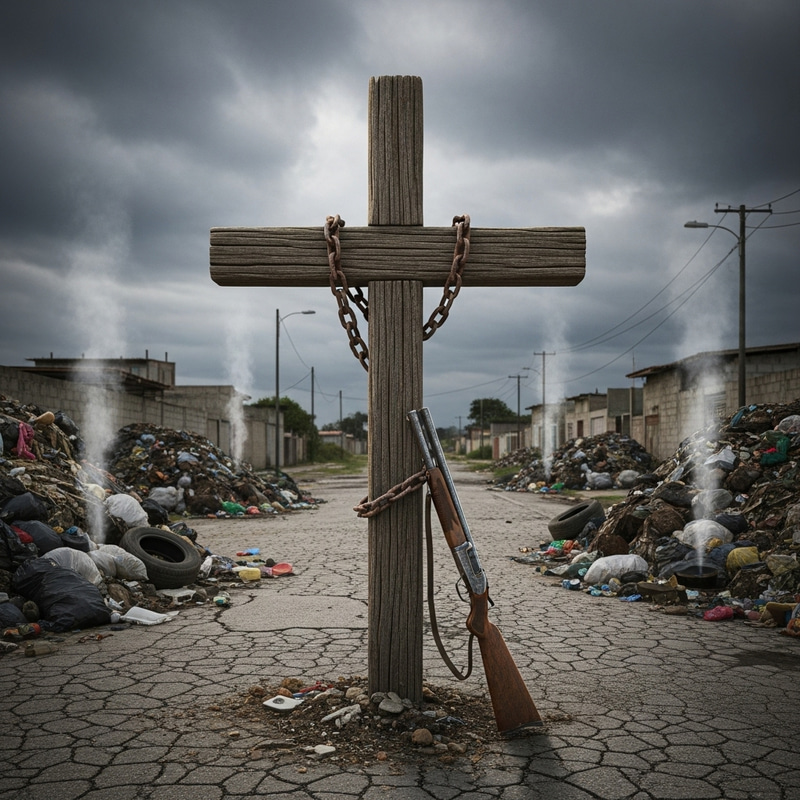 Haunting Visual of Wooden Cross and Shotgun in Worn-out Street Haunting Visual of Wooden Cross and Shotgun in Worn-out Street