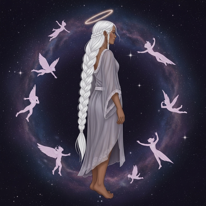 Beautiful White-Haired Woman in Ethereal Attire, Cosmos Background