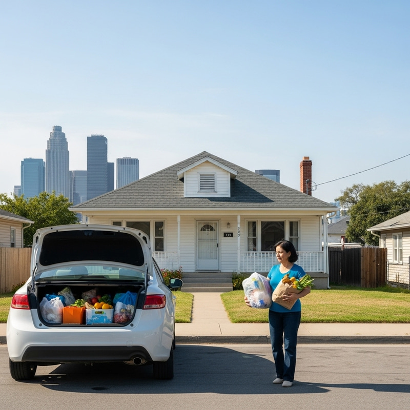 Woman Unloading Fresh Groceries at City House with Car