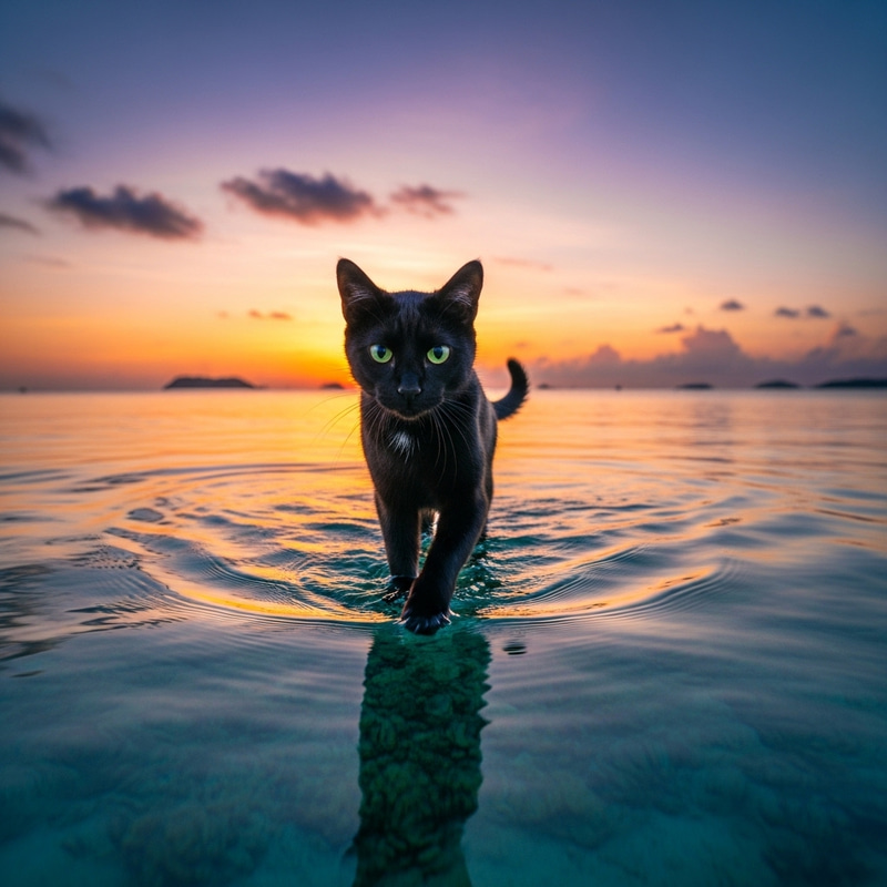 Beautiful Cat Walking on the Sea - Stunning Image Beautiful Cat Walking on the Sea - Stunning Image