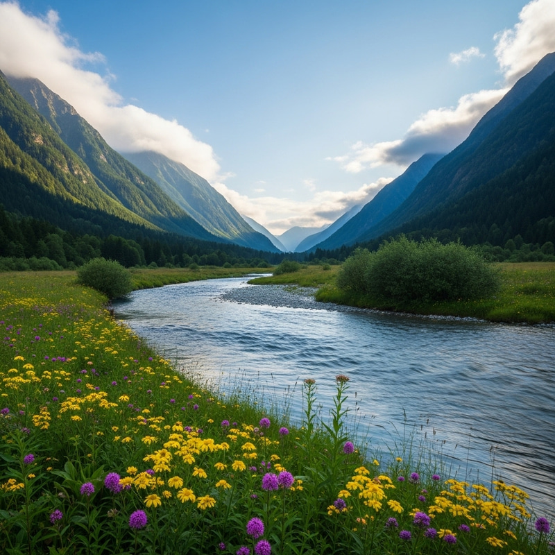 Tranquil Valley: Serene Landscape with Flowing River Tranquil Valley: Serene Landscape with Flowing River