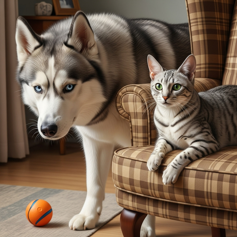 Siberian Husky and Egyptian Mau in Living Room