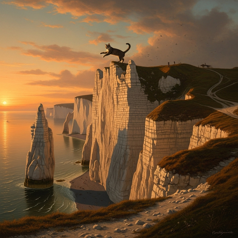 Cat on Chalk Cliffs: Mystical Scene Inspired by Caspar David Friedrich