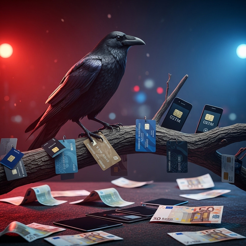 Realistic Raven Perched with EURO Notes & Tech