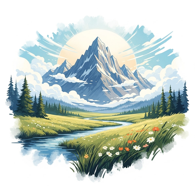 Beautiful Watercolor Landscape with Mountain Range and River Beautiful Watercolor Landscape with Mountain Range and River