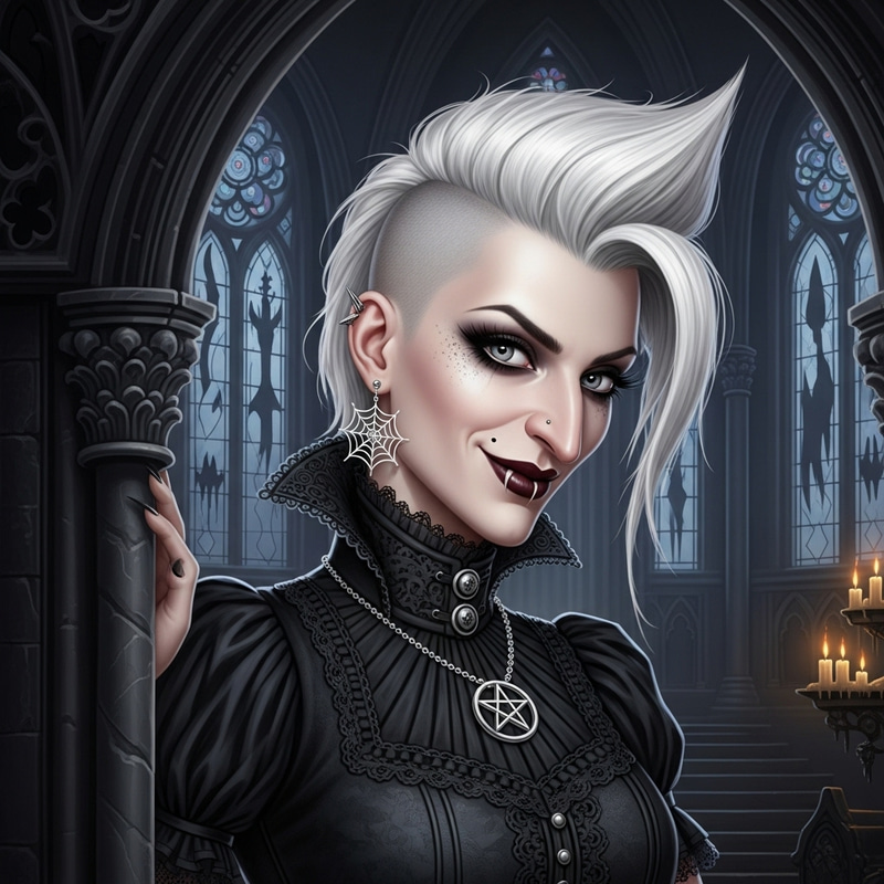 Beautiful Gothic Woman with Punk White Hair and Mischievous Grin Beautiful Gothic Woman with Punk White Hair and Mischievous Grin