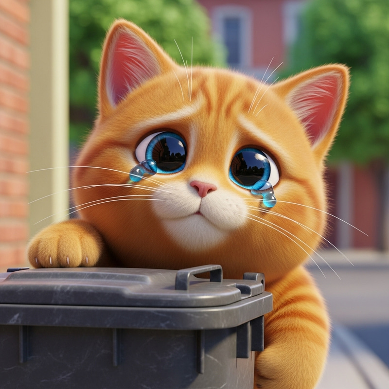Chubby Ginger Kitten Behind Garbage Bin | Playful 3D Cartoon Cat Chubby Ginger Kitten Behind Garbage Bin | Playful 3D Cartoon Cat
