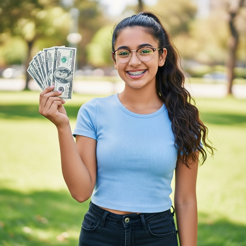 Hispanic Teenage Girl Celebrating with Money | Park Scene Hispanic Teenage Girl Celebrating with Money | Park Scene