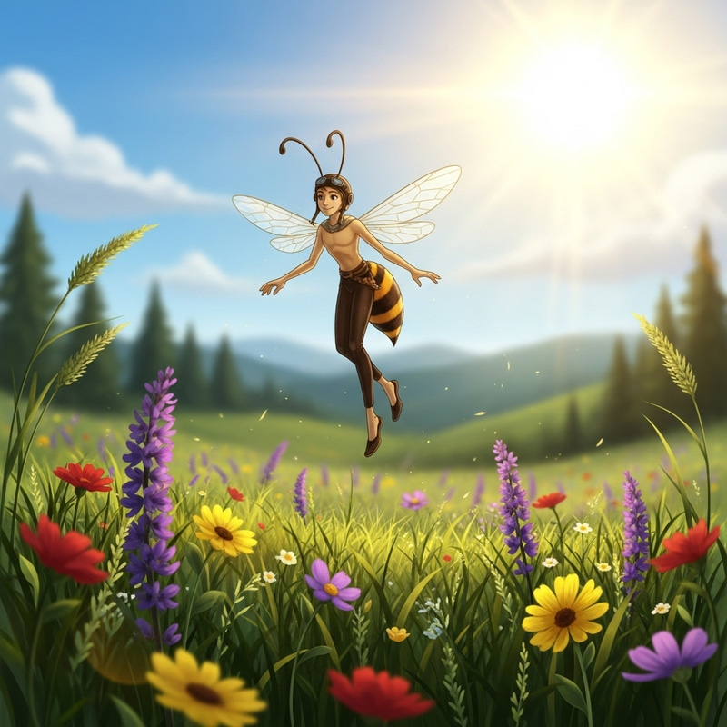 Skinny Bee in a Sunny Meadow - Nature Illustration Skinny Bee in a Sunny Meadow - Nature Illustration