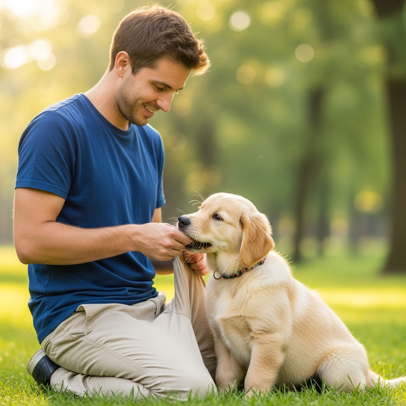 Playful Puppy Biting Pants in a Sunny Park Playful Puppy Biting Pants in a Sunny Park