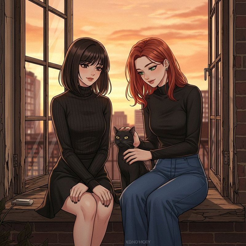 Detailed Manhwa Style Sunset Image of Two Beautiful Girls | Illustration