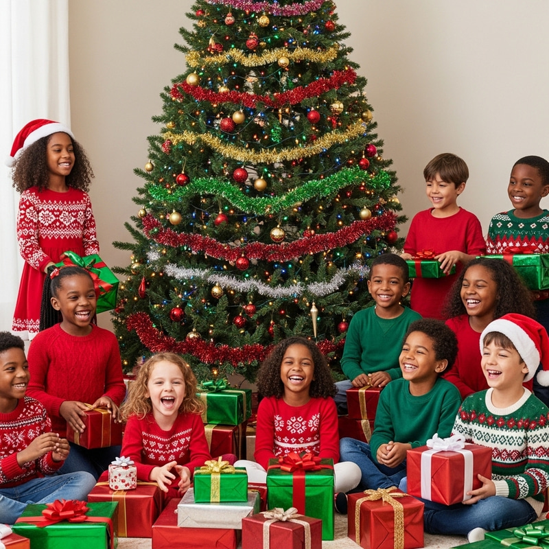 Happy Kids Surrounded by Christmas Tree & Gifts for Festive Joy
