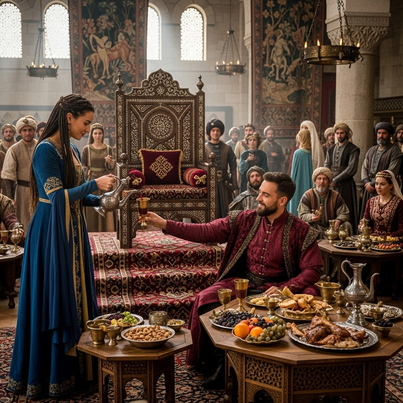 Medieval Palace Scene with Royalty and Crowd | Historical Artwork Medieval Palace Scene with Royalty and Crowd | Historical Artwork