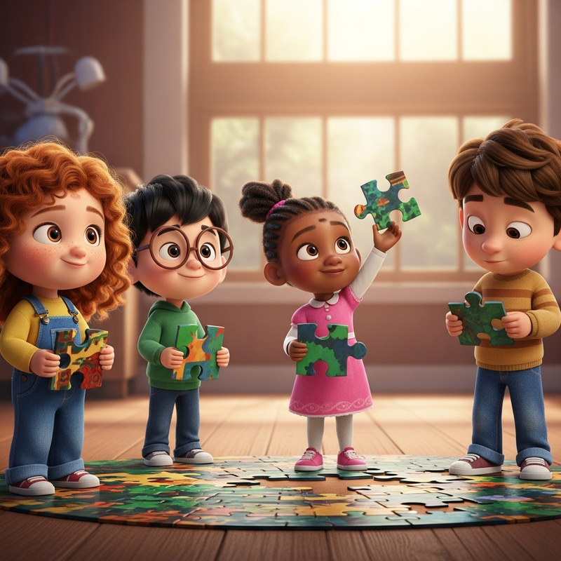 Diverse Kids Holding Pixar Puzzle Pieces Diverse Kids Holding Pixar Puzzle Pieces