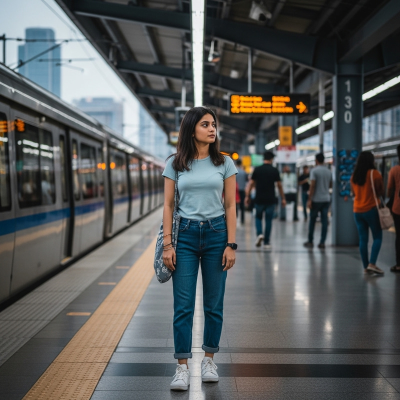 Stylish Girl Waiting at Metro Station - Urban Serenity Stylish Girl Waiting at Metro Station - Urban Serenity