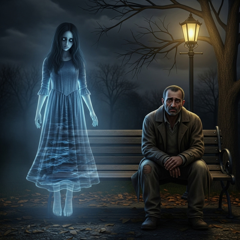 Phantom Girl in Blue Dress Haunting Park at Night with Sad Man Phantom Girl in Blue Dress Haunting Park at Night with Sad Man