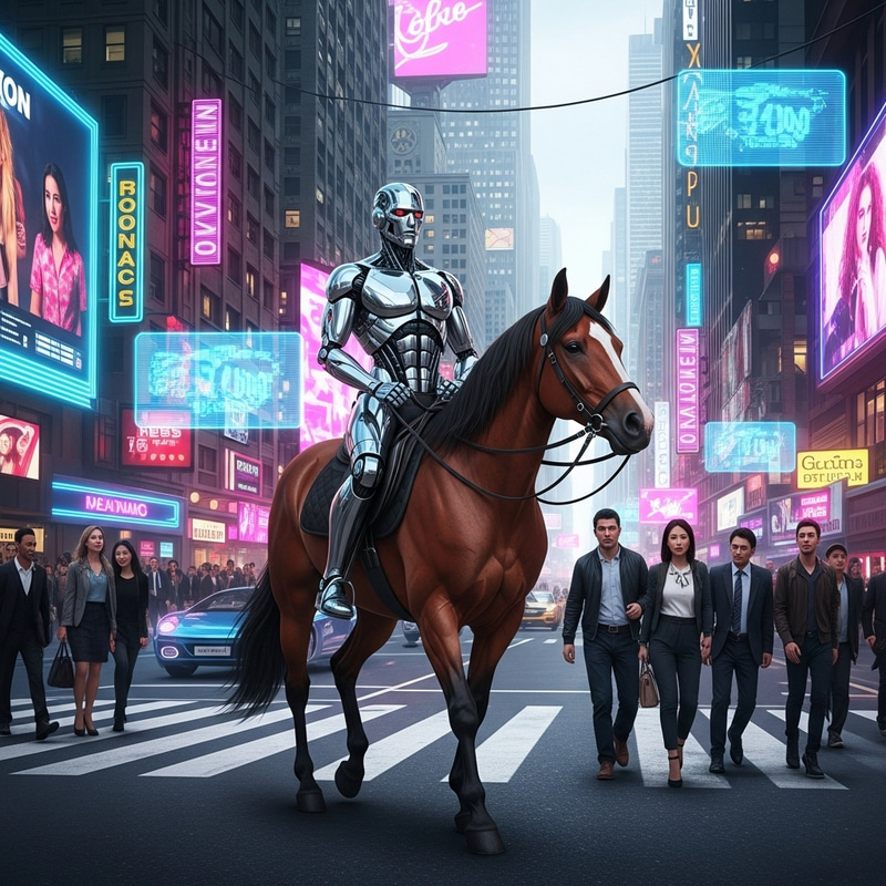 Futuristic Robot on Horse in Vibrant City | Urban Sci-Fi Scene Futuristic Robot on Horse in Vibrant City | Urban Sci-Fi Scene