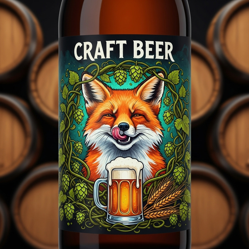 Craft Beer Label Design with Fox and Barley, Artistic Style Craft Beer Label Design with Fox and Barley, Artistic Style