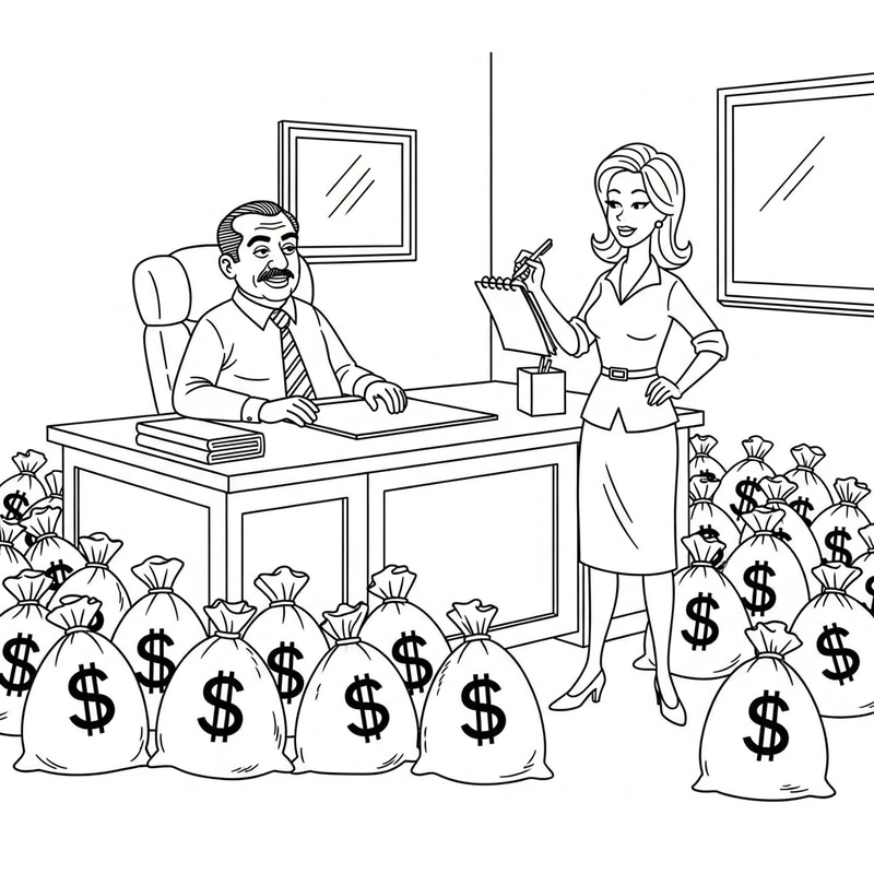 Comical BW Cartoon: Manager & Female Secretary in Office with Hemp Sacks Comical BW Cartoon: Manager & Female Secretary in Office with Hemp Sacks