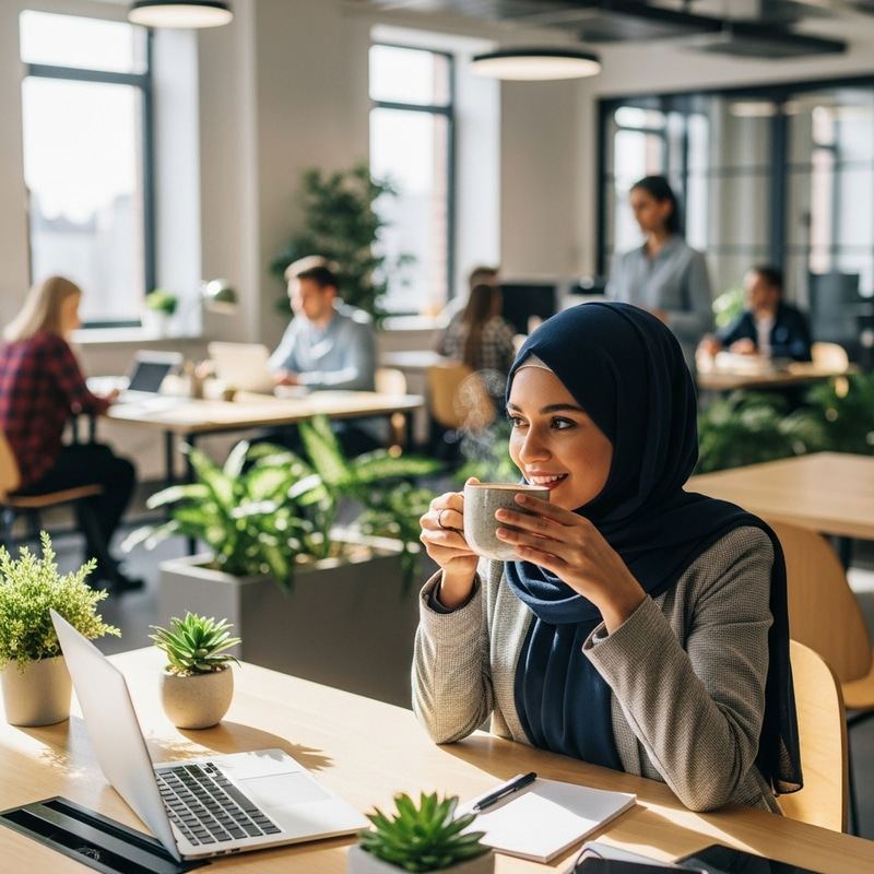 Realistic Muslim Woman in Hijab Enjoying Coffee in Open Space