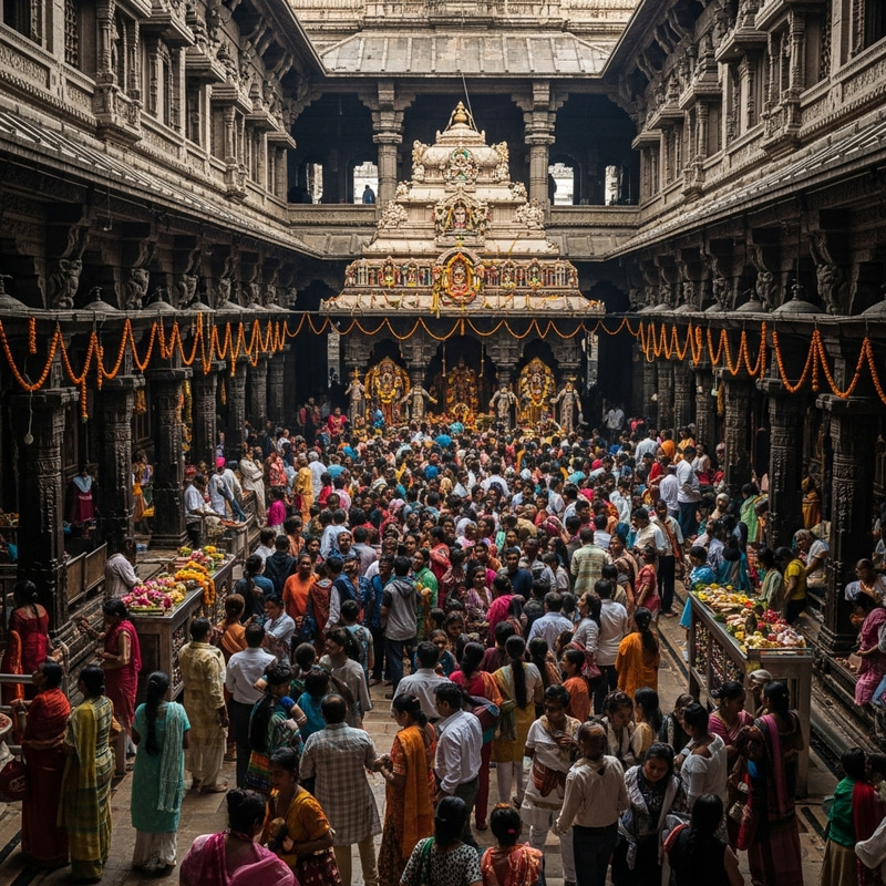Bustling Temple Atmosphere: Life, Grandeur, and Devotion
