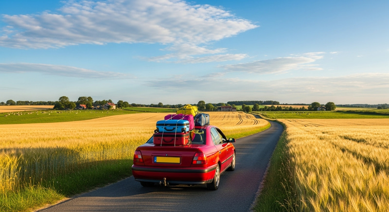 Spectacular Countryside Road Trip with Red Car and Luggage