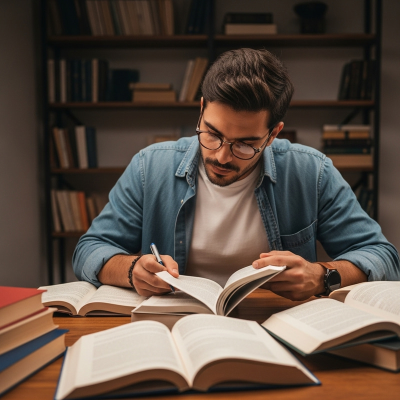 Focused Hispanic Man Studying at Desk Surrounded by Books