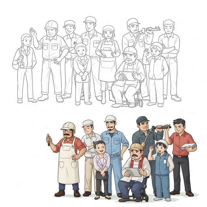 Diverse Workers Concept Art: Pencil Sketch & Color Illustration