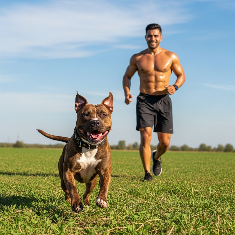 Playful Pitbull and Athletic Man Frolicking in a Green Field Playful Pitbull and Athletic Man Frolicking in a Green Field