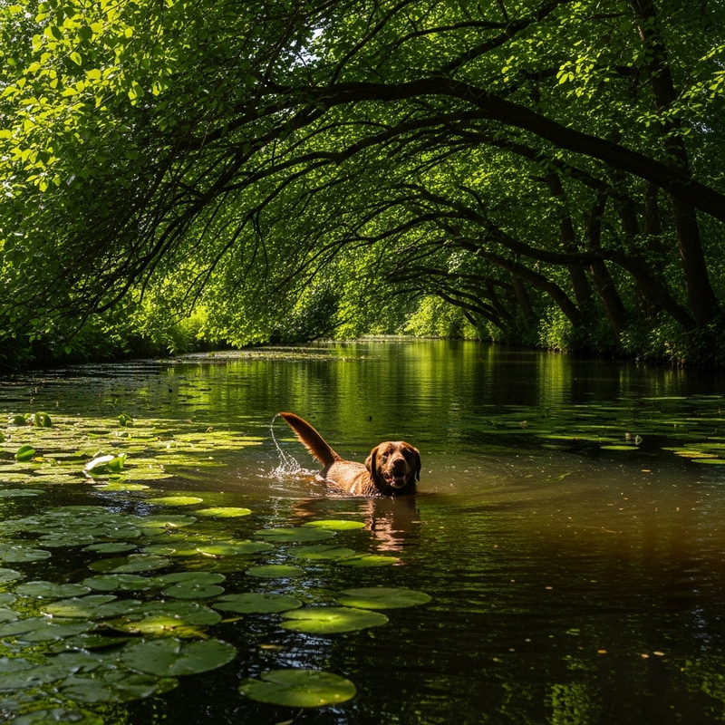 Brown Labrador Swimming in Serene Lily Pad Canal Scene