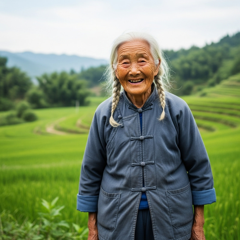 Vibrant Elderly Chinese Lady with White Hair - Full of Life