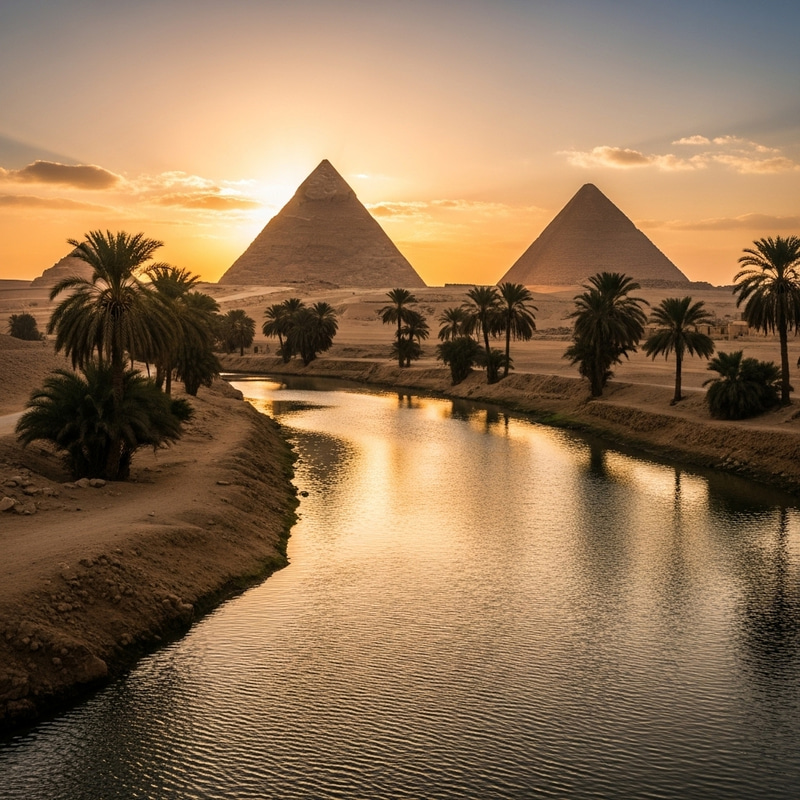 Egyptian Pyramids and Palm Trees Surrounded by Rivers Egyptian Pyramids and Palm Trees Surrounded by Rivers