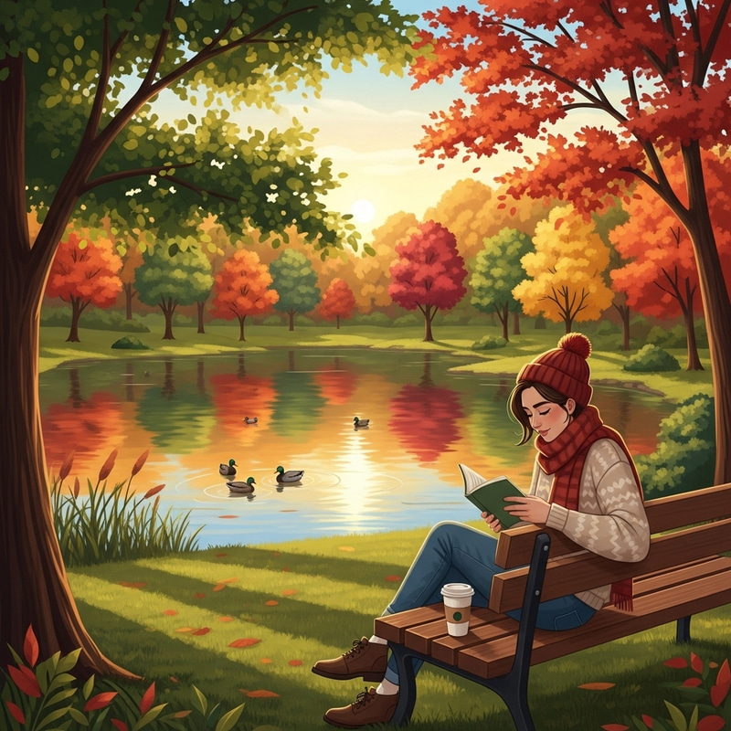 Artistic Autumn Illustration: Tranquil Park with User in Casual Autumn Setting Artistic Autumn Illustration: Tranquil Park with User in Casual Autumn Setting