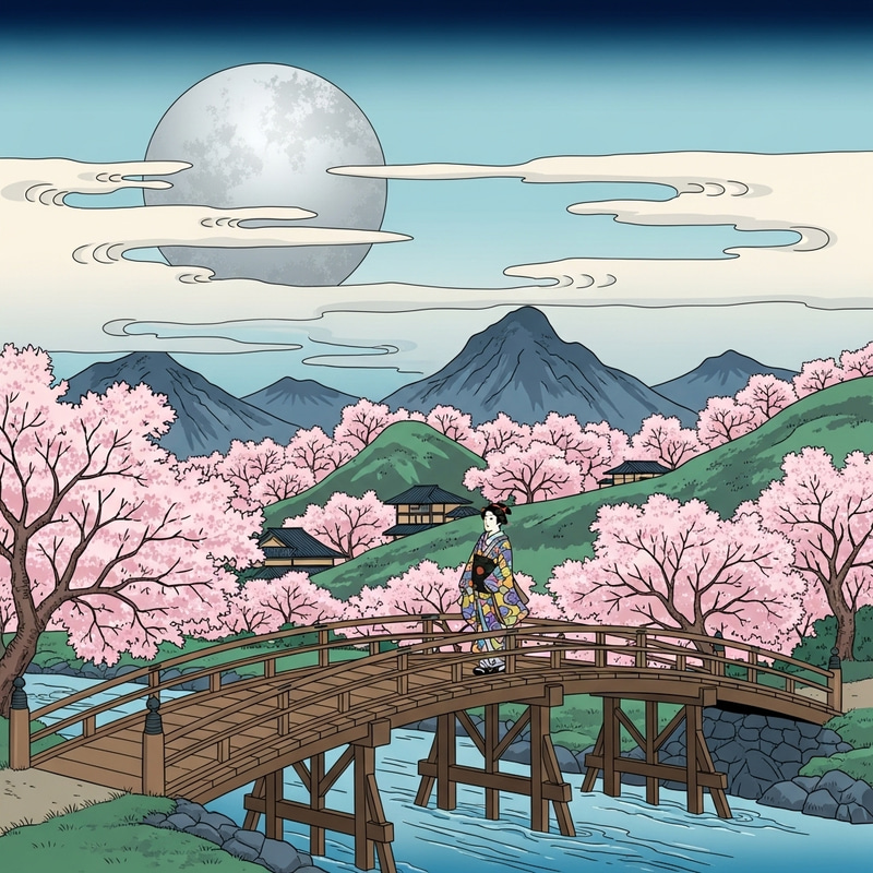 Japanese Ukiyo-e: Moonlit Landscape with Cherry Blossom Trees Japanese Ukiyo-e: Moonlit Landscape with Cherry Blossom Trees