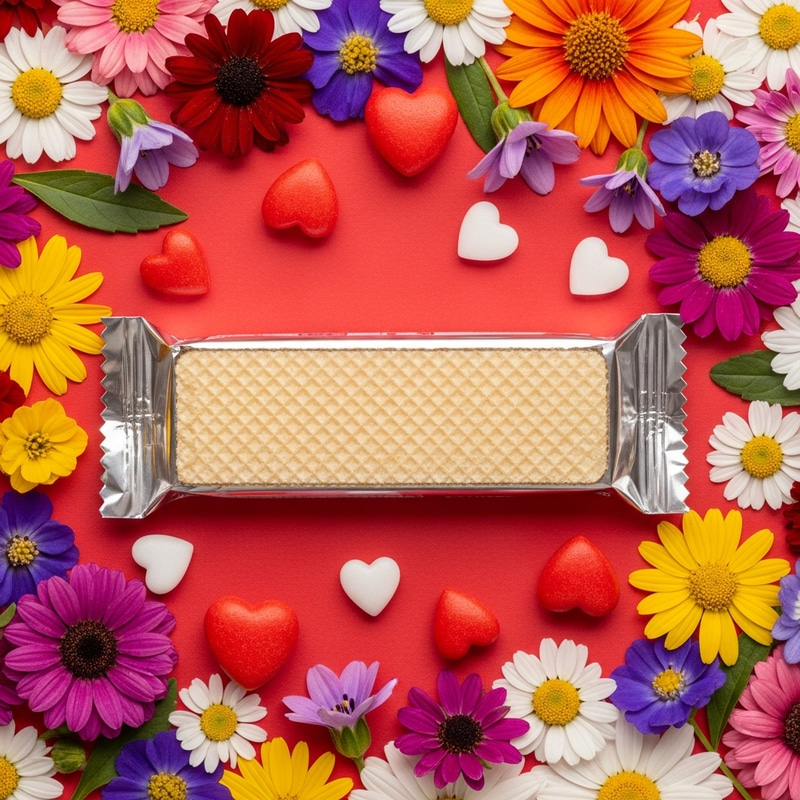 Colorful Flowers and Hearts Surrounding a Wrapped Wafer Chocolate Colorful Flowers and Hearts Surrounding a Wrapped Wafer Chocolate